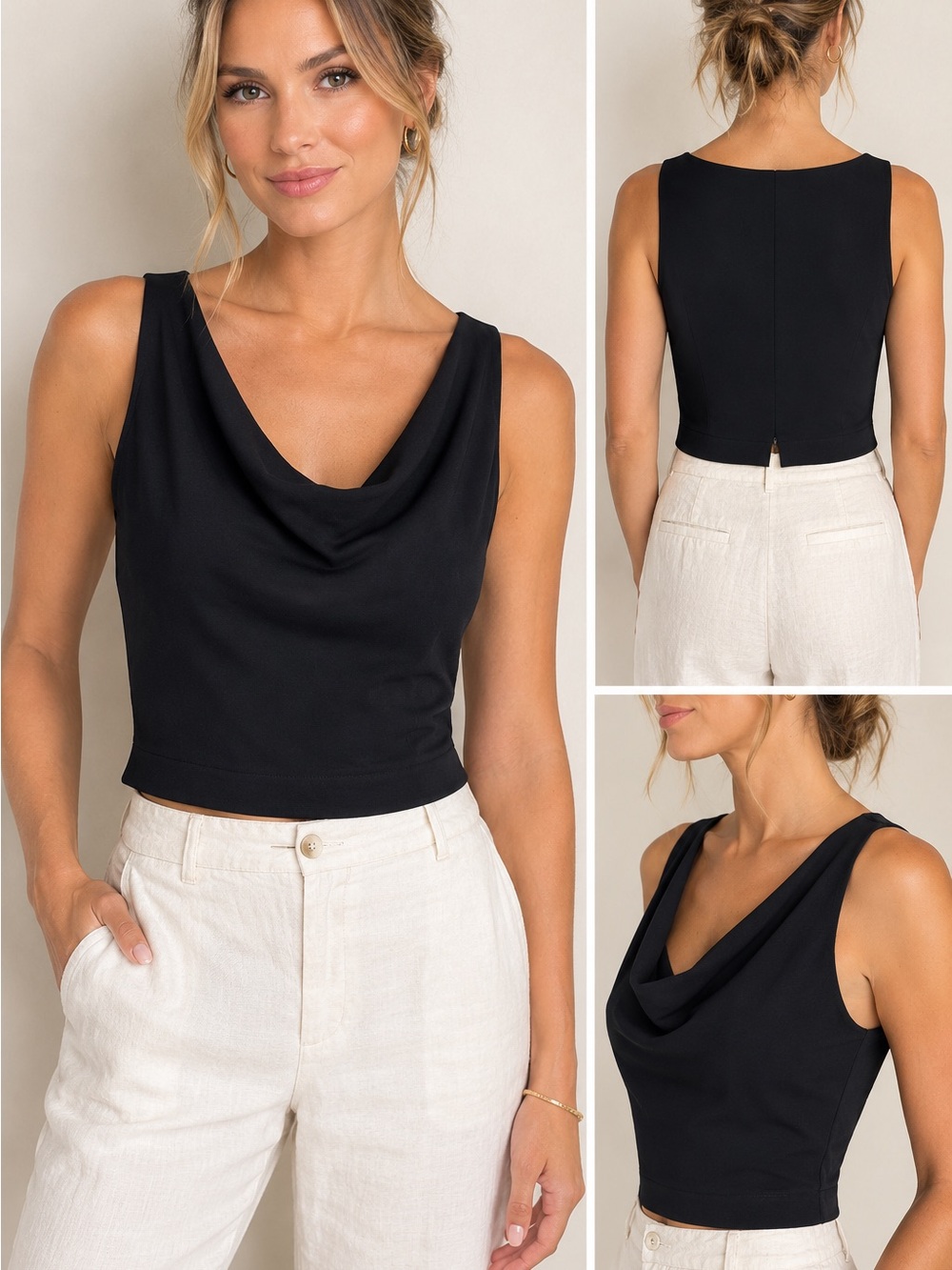 Classic Black Sleeveless Cowl Neck Top - Medium